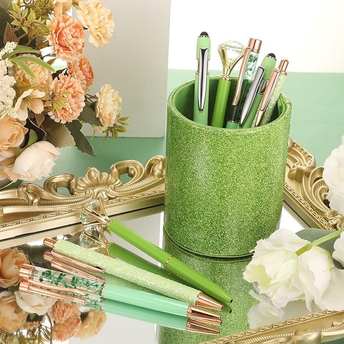 Sabary 8 Pcs Ballpoint Pens with Pen Holder for Desk Glitter Crystal Diamond Fancy Pencil Holder Bling Desk Organizer Cute Stationery Supplies for Women Girls Wedding Office School Gifts(Green)
