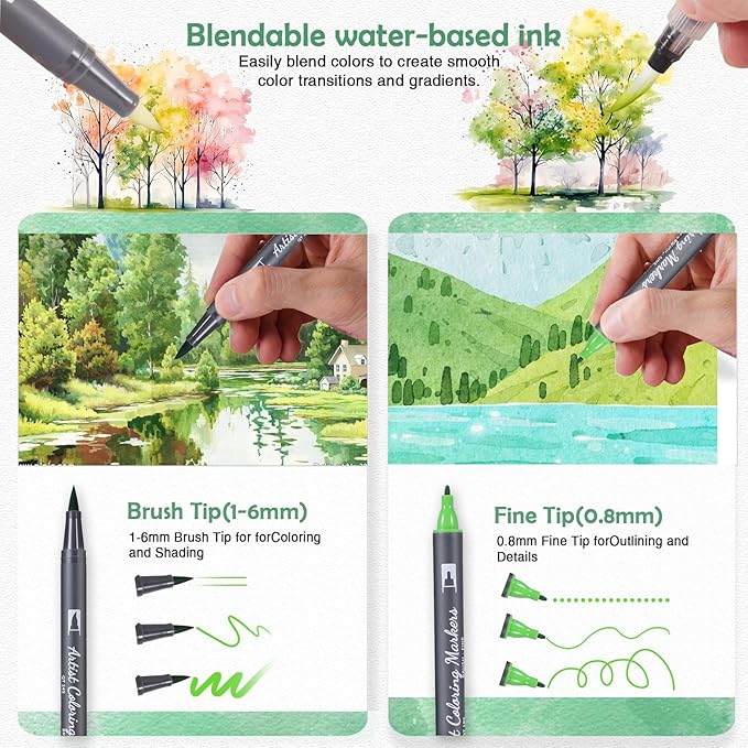 Watercolor Pens Set, 48-Color Dual Tip Paint Markers, Water-Based Coloring Markers with 1 Aquapen, 2 Colorless Blenders, 1 Black Marker, and 12-Page Pad, Art Supplies for Artists & Beginners