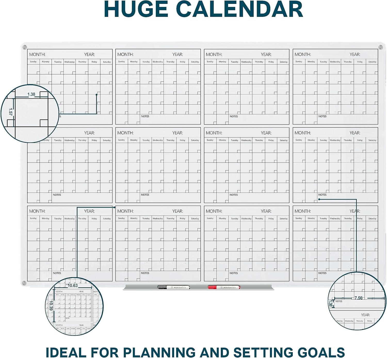 J&J worldwide Glass Whiteboard Yearly Calendar - 35" X 47" Large Wall Whitrboard - White Board Dry Erase Planner for Wall Home, School, Office