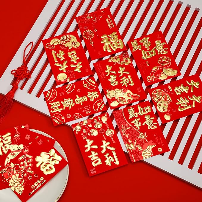 36pcs Chinese Red Envelopes, New Year Hong Bao with Classic Patterns and Blessing Words Lucky Money Lunar New Year Envelopes Lai See Pocket Gift Packet for Festival