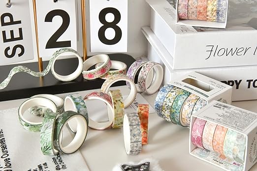 YUBX Flowers Washi Tape Set 30 Rolls Floral Patterns Decorative Skinny Slim Masking Tapes for Arts, DIY Crafts, Journals, Planners, Scrapbook, Wrapping (Blossoms Flourish)