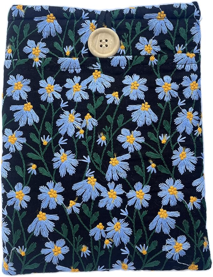 Embroidered Blue Daisy Book Sleeve. Black Book Cover/Protector