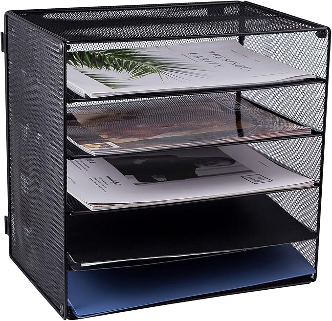 EASEPRES 5 Slot Mesh Desk Organizer Tray, File Paper Letter Folder Holder Desktop Paper Sorter Mail Organization Rack Storage Accessories, for Office Home School Classroom, Black, 2 Pack