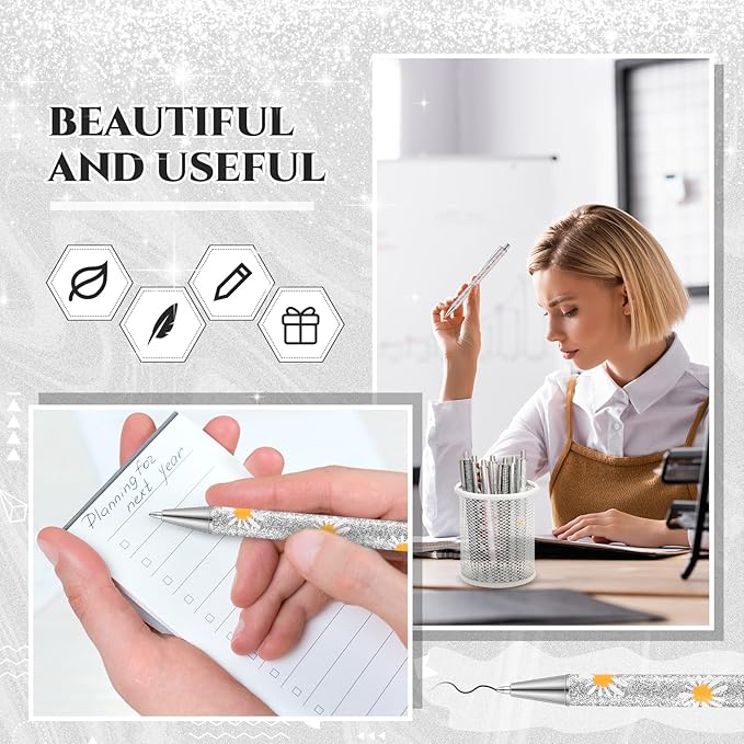 Sherr 7 Pcs Fancy Pens for Women Cute Sparkly Glitter Pens with 10 Pcs Black Ink Refills Pretty Gifts for Girls Office School Christmas Graduation(Silver,Bright)
