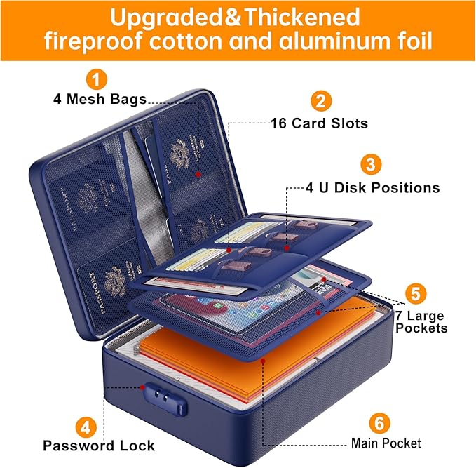 DocSafe 5200°F Document Organizer with Lock,Upgraded Heat Insulated Fireproof＆Waterproof Box 8 Layers File Organizer,Portable Home Travel Safe Storage for Important Documents, Files,Blue (Soft)