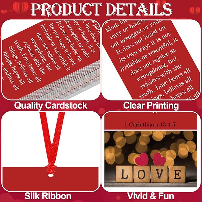 60 Pcs Love Never Fails Bookmark Valentine's Day Bookmarks Red Heart Valentines Day Exchange Gifts for Valentine's Party Favors