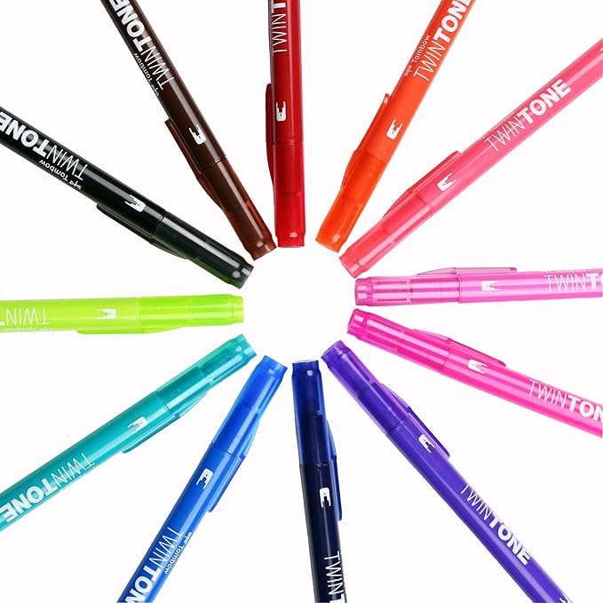Tombow 61500 Twintone Marker Set, Bright, 12-Pack. Double-Sided Markers for Bold and Precise Writing