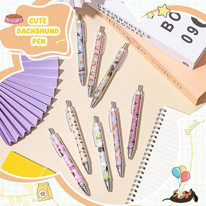 Ireer 8 Pcs Ballpoint Pens for Women 1.00 mm Cute Black Ink Fancy Pens Fine Point Smooth Writing for Journaling Aesthetic Office Supplies(Dachshund)