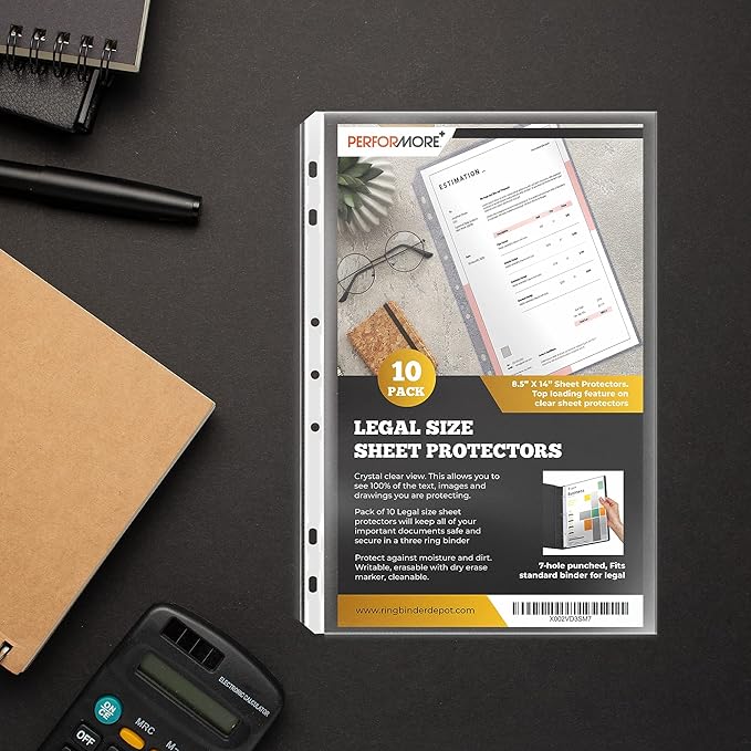 Performore 10 Pack of 8.5 x 14 Legal Size Heavyweight Clear Sheet Protectors, Plastic Legal Paper Sleeves, Clear Archival Quality, Long Sheet Protectors for Binders Documents