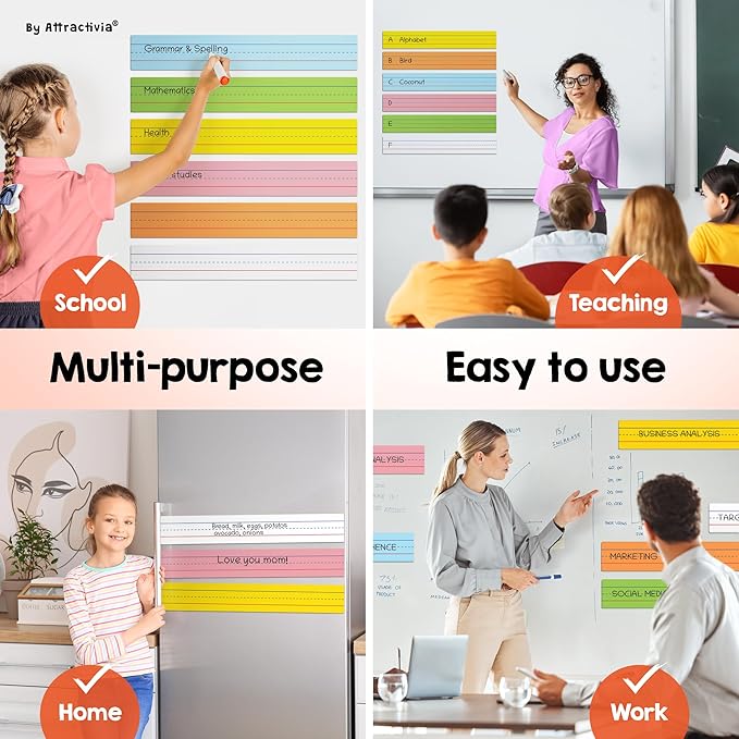 Dry Erase Magnetic Sentence Strips for Teachers, Whiteboards & Classrooms - 24" x 3.5" - 6 Colored Sentence Strips - Practice Handwriting, Sight Words, Spelling and Math