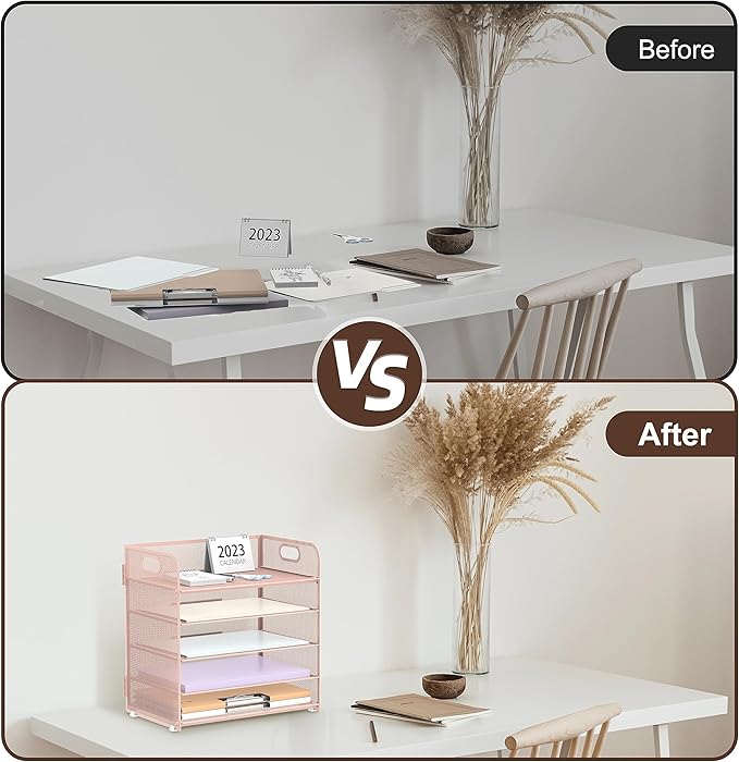 Supeasy 5 Trays Paper Organizer Letter Tray with Handle-Mesh Desk File Organizer, Paper Sorter Desk Organizer for Office, Home or School