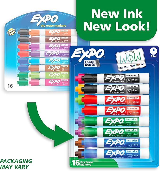 EXPO Low Odor Dry Erase Markers, Chisel Tip, Assorted Colors, 16 Count