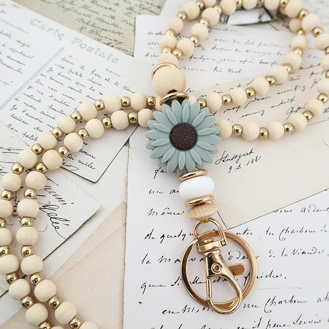 Wooden Teacher Lanyards for Id Badge Cute Flower Wood and Gold Beaded Lanyards for Women for Nurse Badge