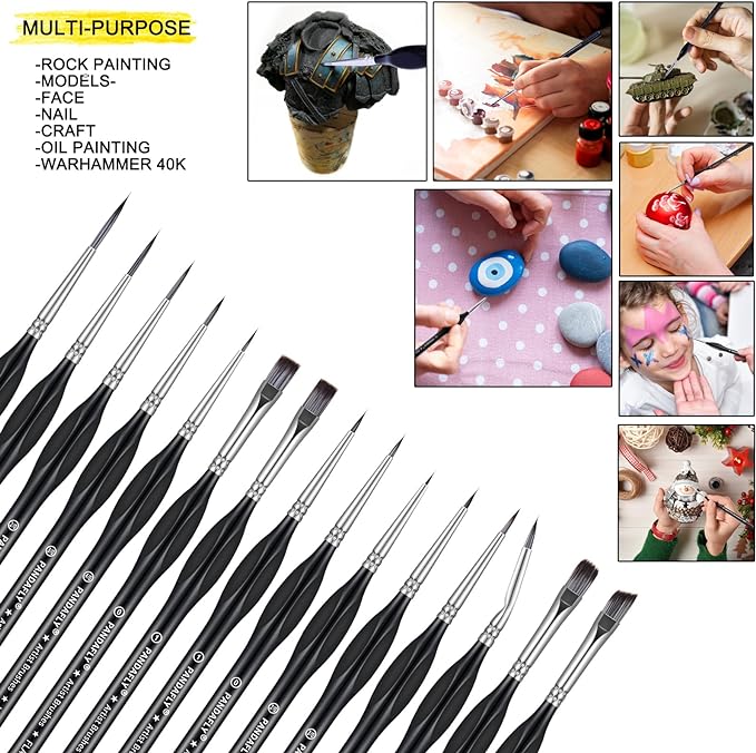 PANDAFLY Detail Paint Brushes Set, 15pcs Miniature Brushes for Fine Detailing & Art Painting - Acrylic, Oil, Watercolors & Paint by Number, Models, Face, Nail, Craft, Warhammer 40k