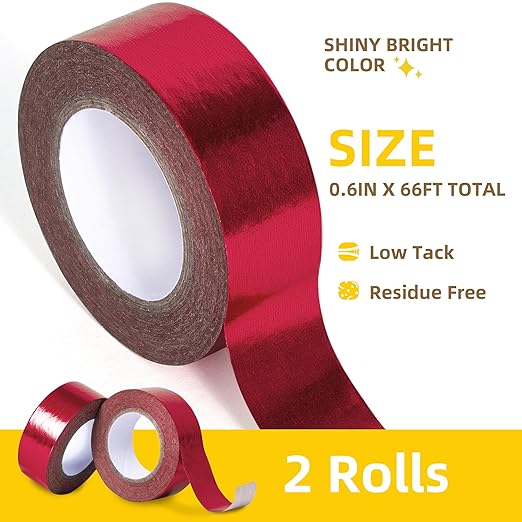 Solid Foil Washi Tape - Low Tack Self Adhesive Decorative Washi Tape Shiny Metallic Color - 3/5 Inch Wide and 66 FT Long Total, Red