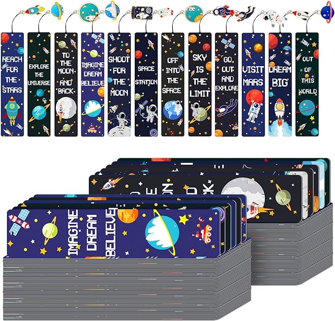 Christmas Space Theme Bookmarks with Metal Charms Planet Rocket Space Ship Theme Bookmarks Inspirational Quotes Bookmarks for Space Christmas Party Favors Gifts Kids Boys Girls Encourage(144 Pieces)