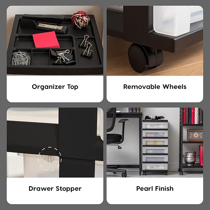 IRIS USA Plastic Drawer Storage Organizer Rolling Cart, with Wheels Casters, 6-Drawers, for Classroom Art Craft Supplies Dresser Closet Bathroom Dorm Bedroom Laundry Room, Black/Pearl