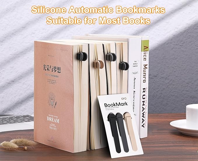 3Pcs Automatic Bookmark, Silicone Smart Book Marks for Reading Women, Men, Kids,Cute Unique Book Markers Bookmark Clip Reading Accessories Gifts for Book Lovers (1 Dark Grey+1 Light Grey+1 Beige)