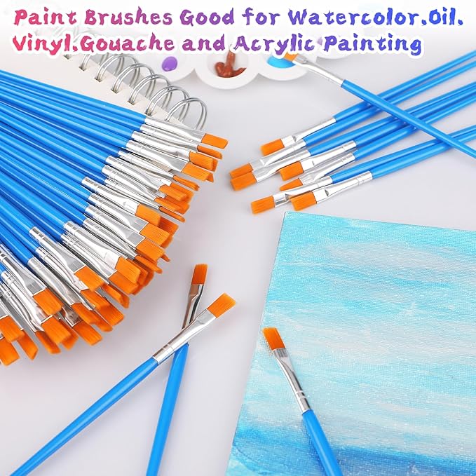 Paint Brushes Set for Acrylic Painting, 100 Pcs Flat Art Painting Brushes Acrylic Paint Brush, Nylon Paint Brush for Kids Adults Oil Watercolor Rock Painting Body Face Nail Art