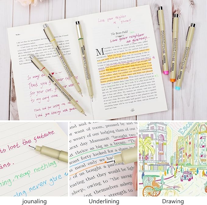 Muchcute 05 Micro Fineliner Drawing Art Pens: 12 Colors 0.45mm Extra Fine Point Bible No Bleed Smooth Journal Zentangle Study Supplies Colored Waterproof Line Ultra Needle Tip Fine liner Thin Gel Felt