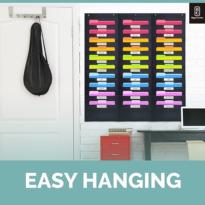 Hippo Creation Heavy Duty Storage Pocket Chart for Classroom, 30 Pocket Storage Organizer with 5 Over-Door Hangers, Hanging Wall Organizer for File Folders, School Mailbox, Home Office Papers - Black