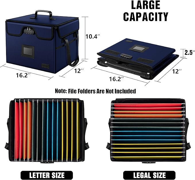 AMBOR File Box with Lock, Fireproof Document Box with 5 Tabs & Inserts, Collapsible File Organizer with Handle for Letter & Legal Size Folder/Certifications/Books Storage, Blue