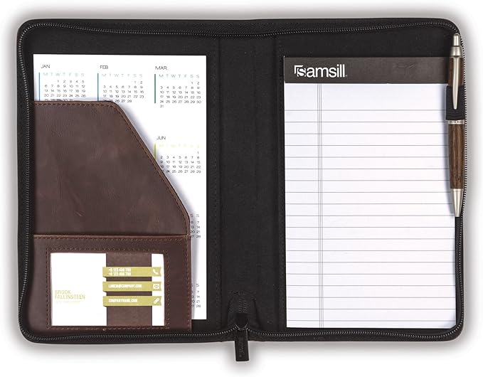 Samsill Small Vintage Portfolio/Zipper Faux Leather Portfolio, Book Style Hardback Design, Business & Interview Padfolio Organizer, Holds 5 x 8 Writing Pad, Dark Brown