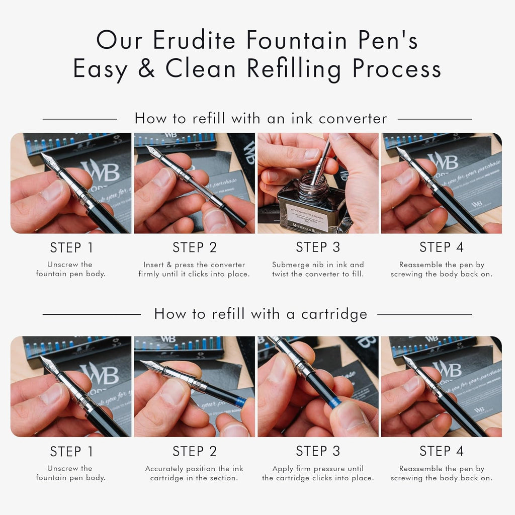 Wordsworth & Black Fountain Pen Set, Medium Nib, Includes 24 Pack Ink Cartridges, Ink Refill Converter & Gift Pouch, Chrome Finish, Calligraphy, [Black Chrome], Perfect for Men & Women