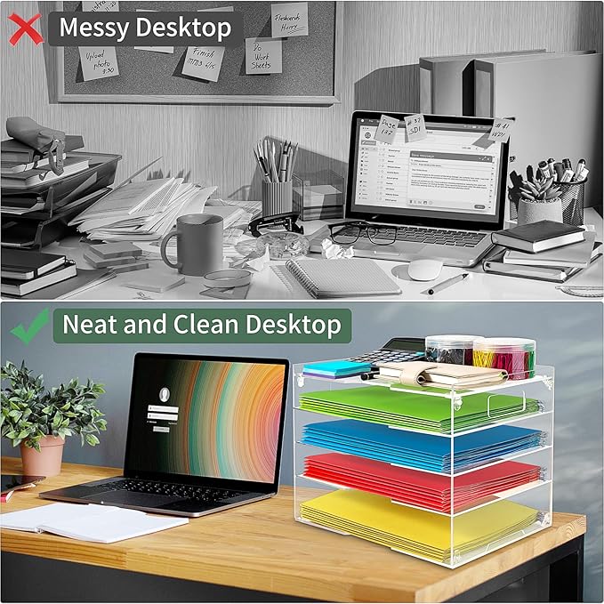 Paper Organizer File Letter Tray for Desk Office Organization Acrylic Folder Document Accessories Storage, Home School Desktop Supplies, 5 Tier with Handle