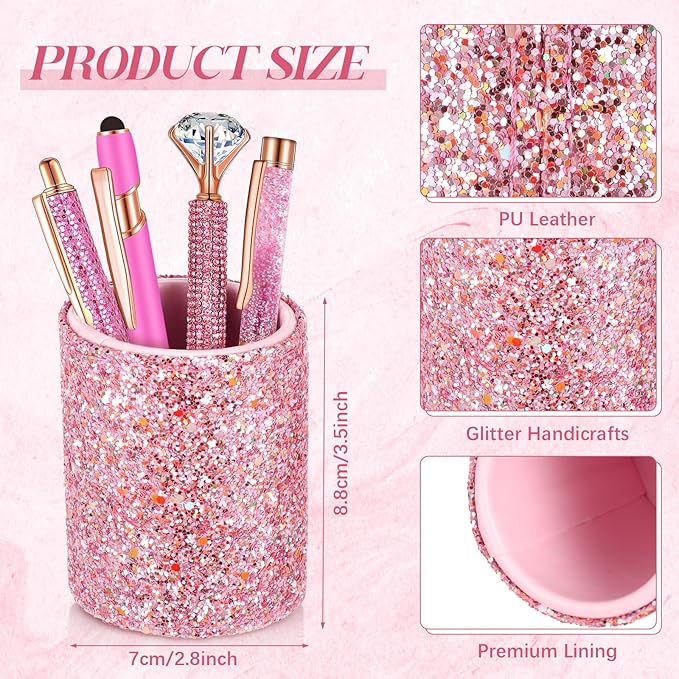 Sabary 8 Pcs Ballpoint Pens with Pen Holder for Desk Glitter Crystal Diamond Fancy Pencil Holder Bling Desk Organizer Cute Stationery Supplies for Women Girls Wedding Office School Gifts(Shiny Pink)