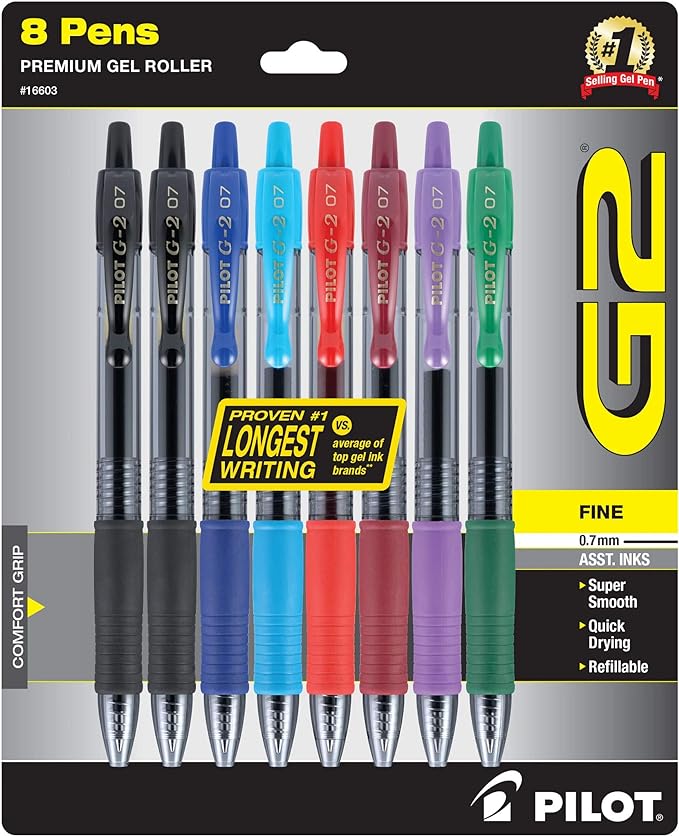 Pilot, G2 Premium Gel Roller Pens, Fine Point 0.7 mm, Assorted Colors, Pack of 7