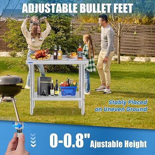 Stainless Steel Table for Prep & Work with Backsplash 24 x 36 Inches NSF Metal Commercial Kitchen Adjustable Under Shelf Worktable for Restaurant Home Outdoor