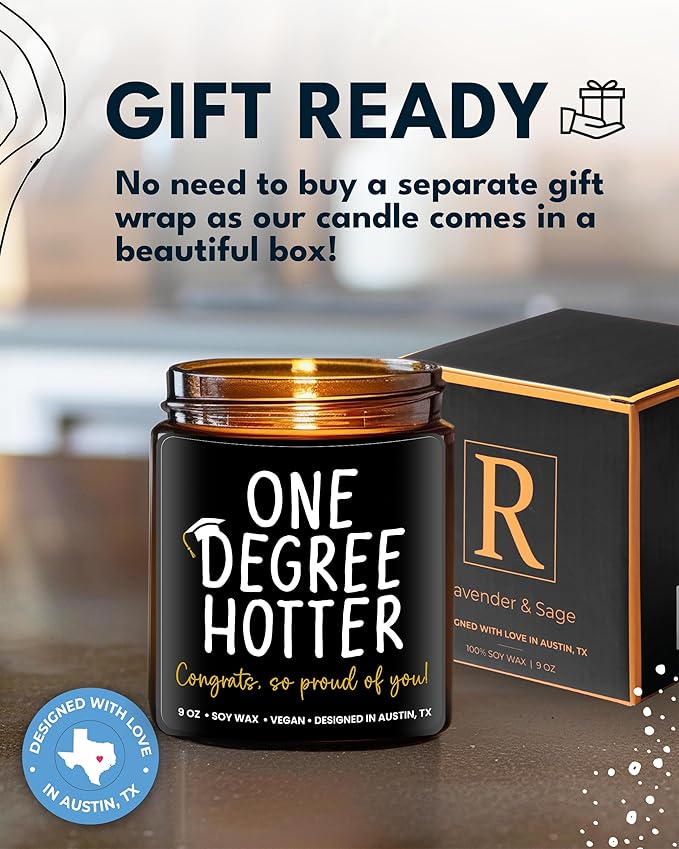 Funny Graduation Candle, Unique College & Masters Degree Gifts, One Degree Hotter, Best Funny Graduation Gift Ideas for Students, High School, Bachelor Graduates, PHD Gift Ready