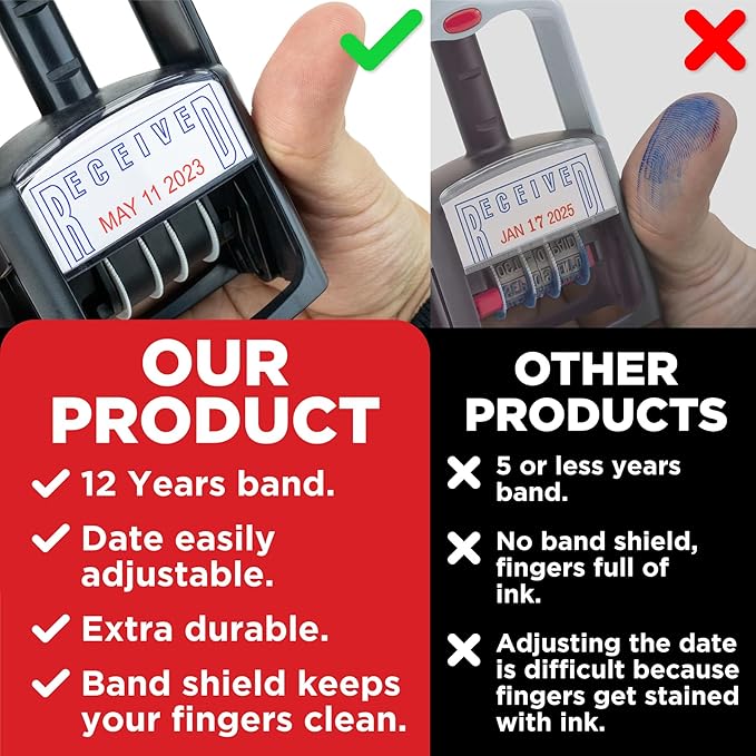 Self-Inking Rubber Date Office Stamp with Received Phrase - Black Ink - 12-Year Band