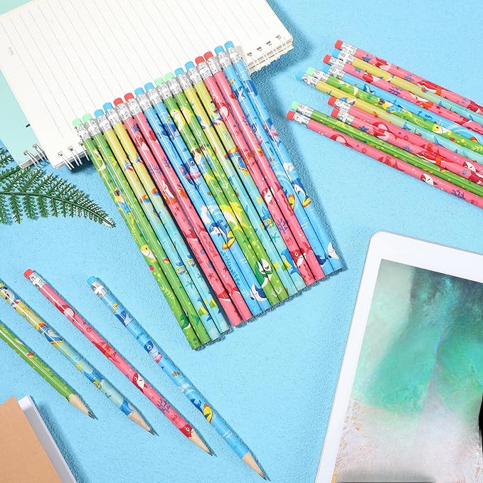 Geyee 36 Pcs Space Pencils Hawaiian Shark Themed Party Favors Assorted Novelty Fun Wood Writing Pencils with Erasers for Birthday Party Teacher Supplies(Shark)