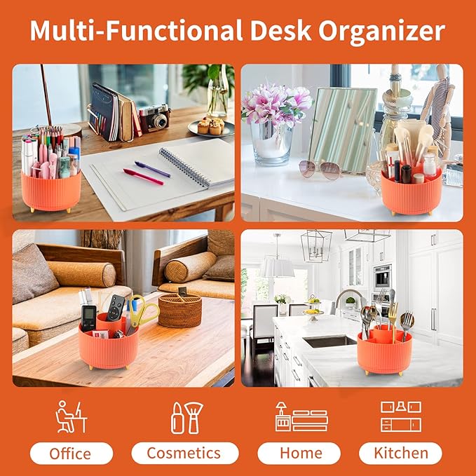 Desk Pen Holder, 5 Slot 360 Rotating Pen Organizer for Desk, Desktop Storage Stationery Supplies Organizer, Cute Pencil Cup Pot for Office, School, Home, Art Supply, Orange