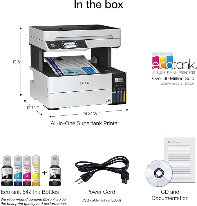 Epson EcoTank Pro ET-5180 Wireless Color All-in-One Supertank Printer with Scanner, Copier, Fax Plus Auto Document Feeder and PCL/Postscript, White, Large