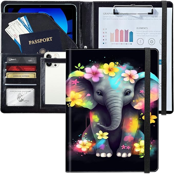 PU Leather Padfolio Folder Clipboard Portfolios Organizer Conference Document Organizer with Business Card Holder Storage Clipboard Writing Pad,Elephant with Flowers