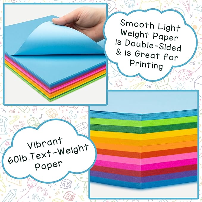 Hygloss Assorted Bright Colored Paper - 24 lb, 89 GSM, Acid-Free, Fade-Resistant, 8.5x11-Inch Letter Size Color Copy Paper, 240 Sheets, 12 Colors