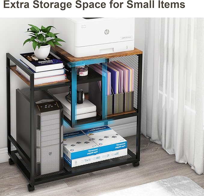 Natwind Mobile Printer Stand with Wheels,Computer Host Cart,PC Tower Stand, Multi-Functional Organizer Shelf for Shredder, Scanner, CPU,File Papers and Other Office Supplies (Retro)