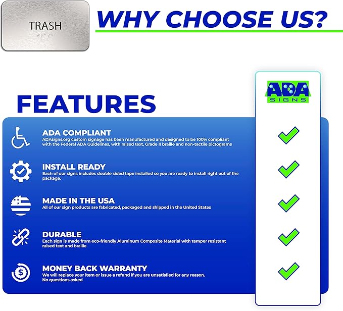 ADA Trash Sign for Business - Office Signs, Aluminum Brushed Silver, Tamper-Proof, Heavy Duty Mounting Tape, Easy Install, Office Décor, ADA Compliant, Grade 2 Braille (7” W x 4” H) ADASigns.org