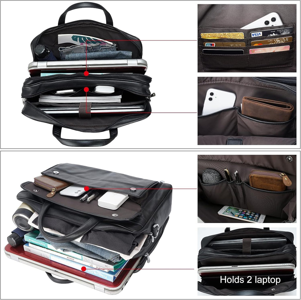 Masa Kawa Leather Briefcase for Men 15.6" - 17" Laptop Computer Case Business Travel Work Messenger Cross Body Shoulder Bag