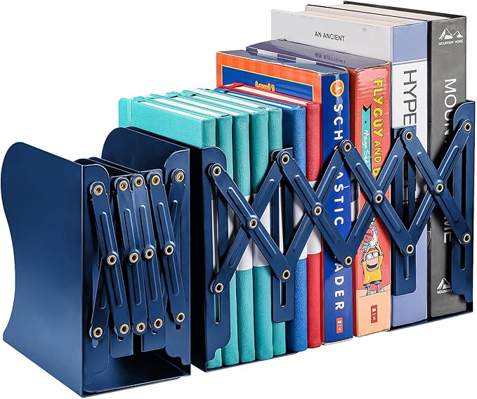 2PCS Adjustable Bookends, Metal Book Ends for Heavy Book, 2 Dividers, Nonslip Book Stander for Desk, Shelf, Office, Stationery Gift, Extends up to 19 inches (Blue)
