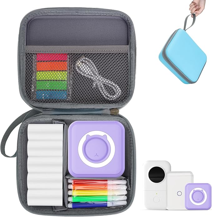QYCHHJ Carrying Case for Phomemo T02/Memoking/HUIJUTCHEN Mini Sticker Printer, Portable Hard Travel Case for Label Maker, Thermal Printer Paper, Blue