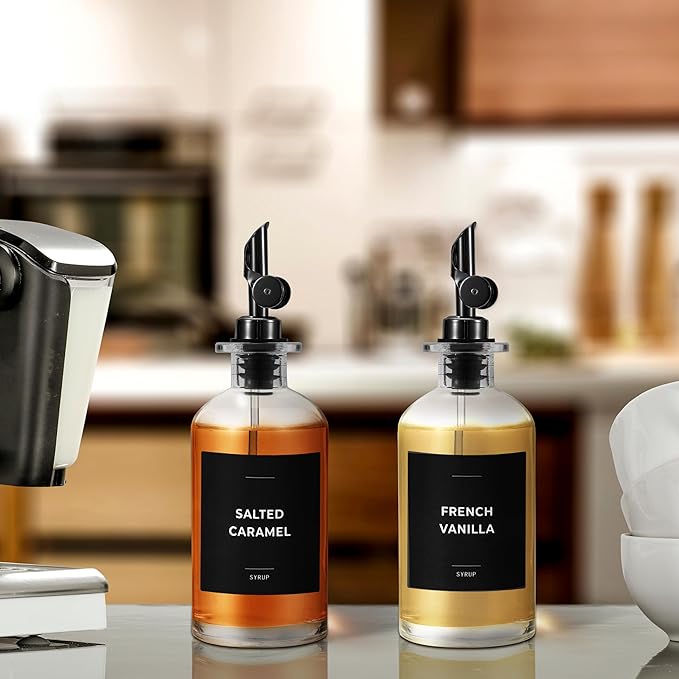 Coffee Syrup Labels for Bottles, Syrup Dispensers - 2.5" x 2.5" Waterproof & Durable PVC Stickers - Modern Coffee Bar Essentials for Home, Kitchen, Beverage Station - Minimalist Black, 22pcs