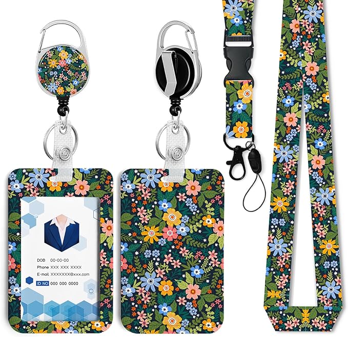Flowers Badge Holder with Retractable Reel and Breakaway Lanyard，Badge Clips Retractable Heavy Duty Badge Reel，Funny Keychain，ID Holder with Breakaway Lanyard for School Nurse Office Teen
