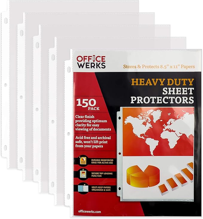 Office Werks 150 Sheet Protectors, 8.5"X11" Clear Page for 3 Ring Binder, Plastic Sleeves, Durable Top Loading Paper Protector with Reinforced Holes, Archival Safe