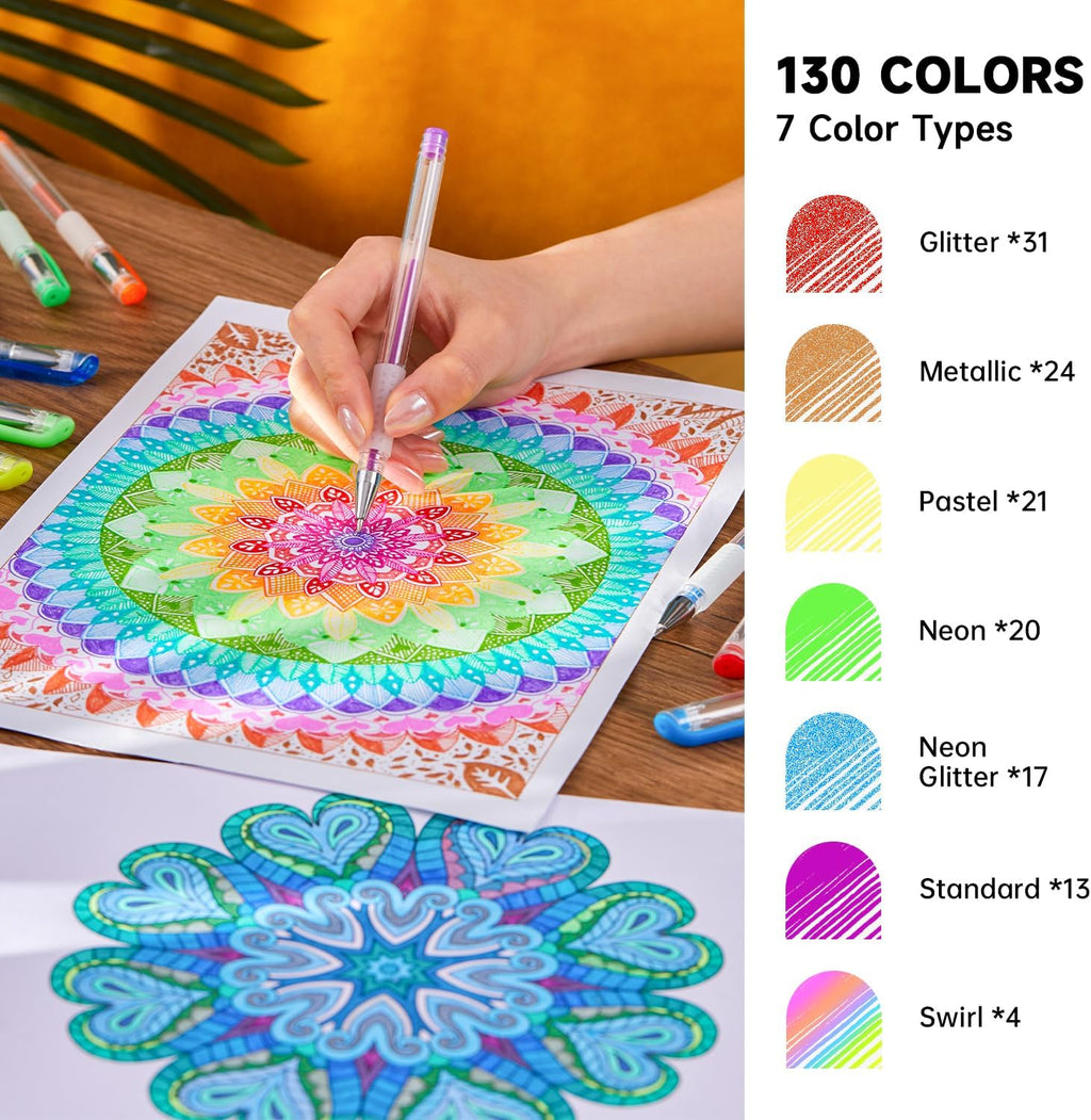 Shuttle Art Gel Pens, 130 Colors Gel Pen with 1 Coloring Book in Travel Case for Adults Coloring Books Drawing Crafts Scrapbooking Journaling