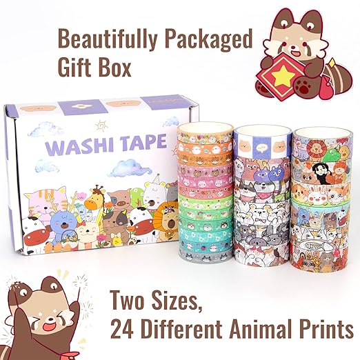 WAPETASHI Cute Washi Tape Set - 24 Rolls Kawaii Animals Gold Foil Decorative Masking Tape for Journaling, Scrapbooking, Kids DIY Crafts, Aesthetic Supplies, Planners, Bullet Journal