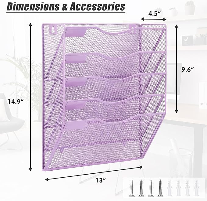 EASEPRES 5 Pocket Mesh Hanging Wall File Organizer, Wall Mounted Mail Paper Document Folder Holder, Clipboard Storage Organization Magazine Rack with Nametag Label for Office Home School, Light Purple